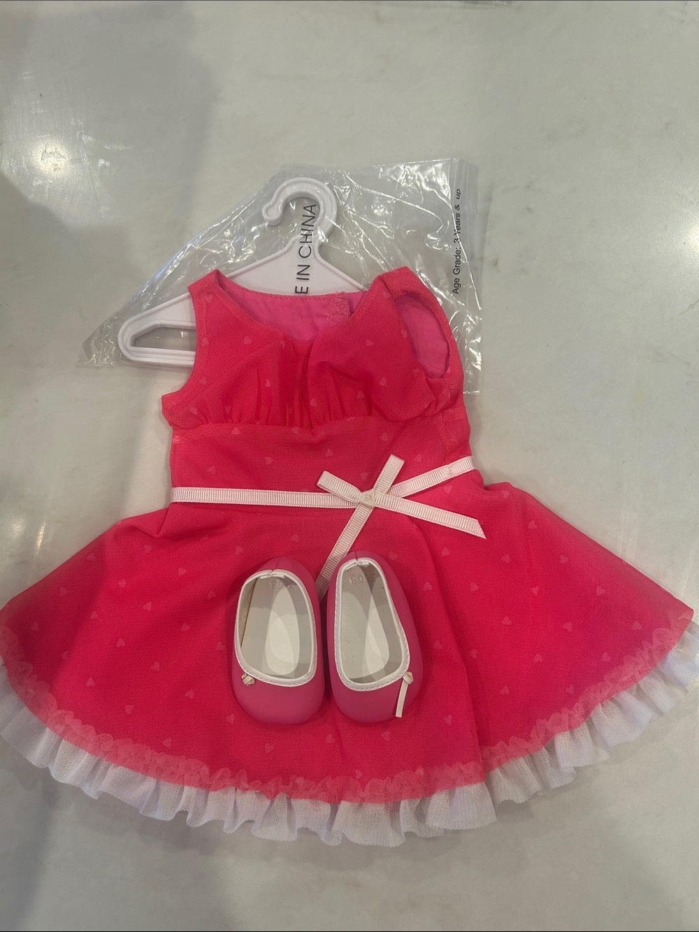 American Girl Pink Party Dress Costume with White Trim and Bow